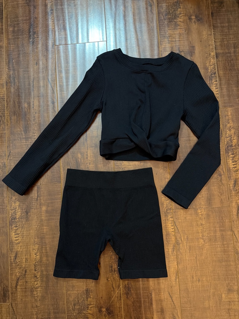 Cotton On Kids Black Ribbed Long Sleeve Top & Bike Shorts Set
